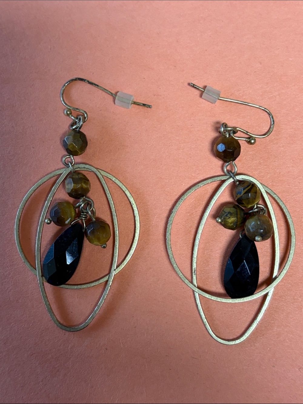 Gold Hoop Drop Earrings with Black and Tiger eye Beads